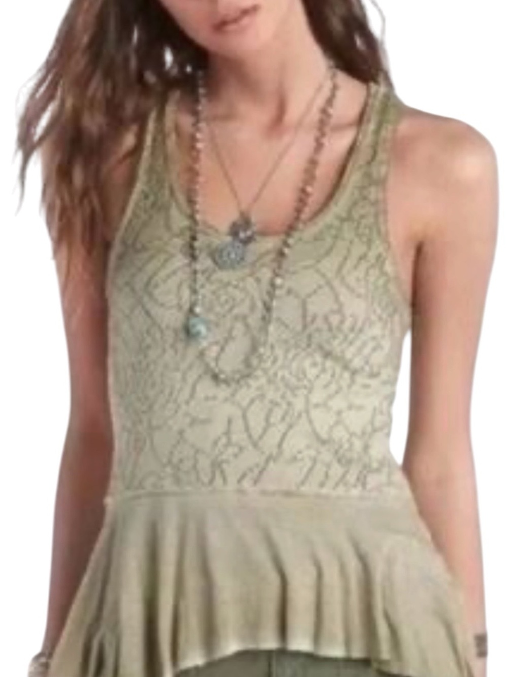 FREE PEOPLE Eyelet Peplum Round Neck Tank Top in Olive Green Size Large— NWT!!!